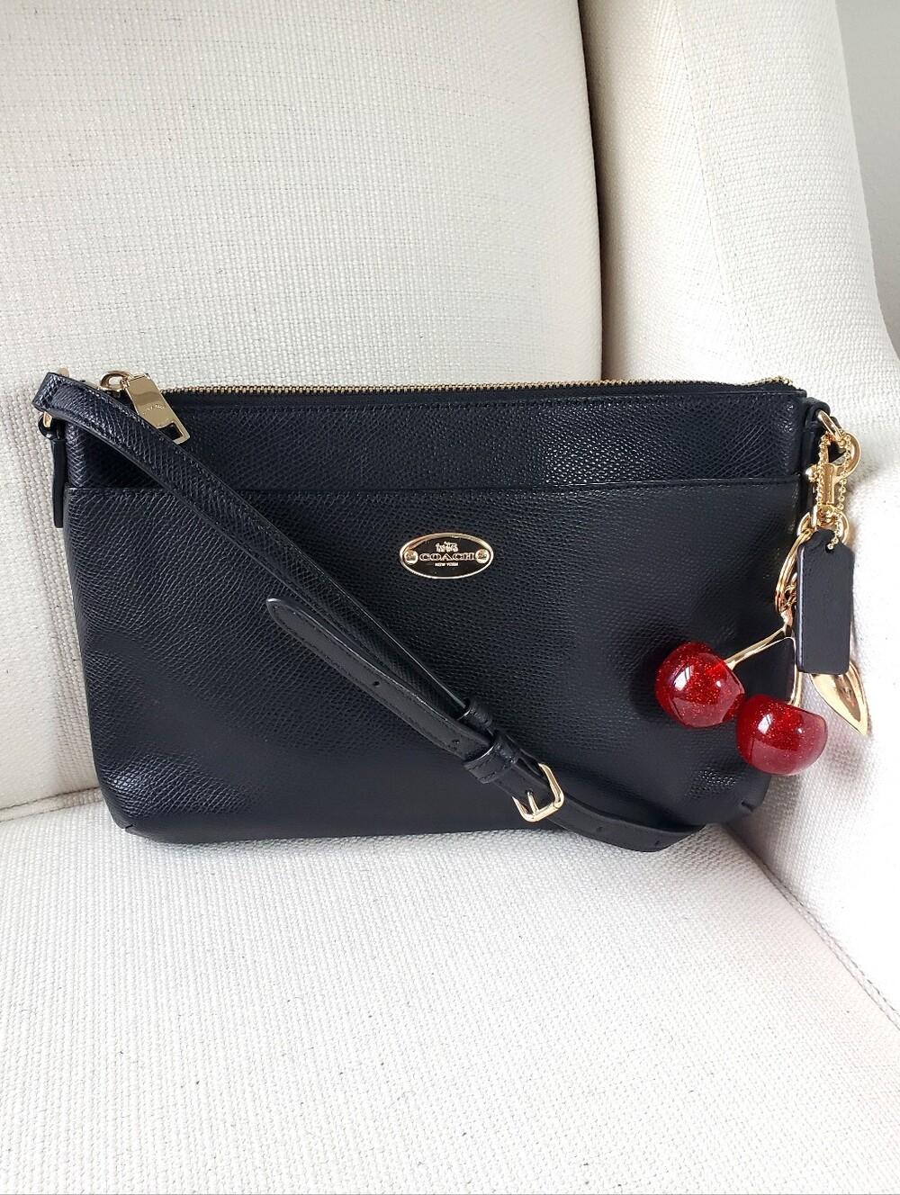 Coach Black Leather Shoulder Bag, East West Crossbody Purse With Cherry Charm